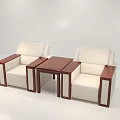 Casual Sofa Combination Featuring Beige Upholstery And Dark Brown Wooden Armrests With Center Table