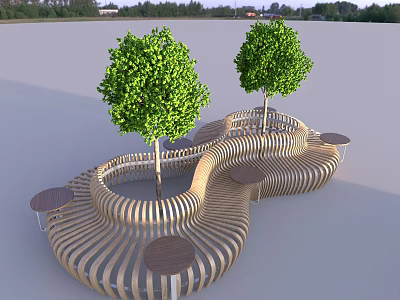 Curved Wooden Outdoor Chair Design With Trees And Small Tables In Garden 3d model