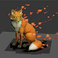 Orange White Fox Sitting On Black Background With Falling Leaves And Reflection 3d model