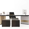 Modern Desk Interior With Computer Chair Drawer Cabinet And Stools 3d model