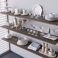 Modern Dinnerware Collection with Plates Cups Glasses Jars and Napkins on Wooden Shelves