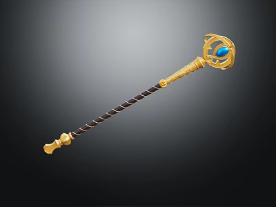 Magical Golden Staff Weapon with Blue Gemstone Top and Striped Handle Design 3d model