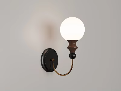 Modern Minimalist Wall Light with White Spherical Shade Black Base Brass Arm on Grey Wall 3d model