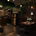 Modern Bar Interior Design With Lush Greenery Hanging Pendant Lights And Wooden Walls