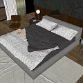 Modern Double Bed With Gray Bedding Wooden Floor Headboard Wall Table Lamp And Rug