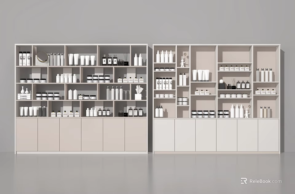 Modern Display Shelves With White And Gray Design For Neatly Arranged Bottles And Boxes 3d model 