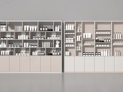 Modern Display Shelves With White And Gray Design For Neatly Arranged Bottles And Boxes 3d model