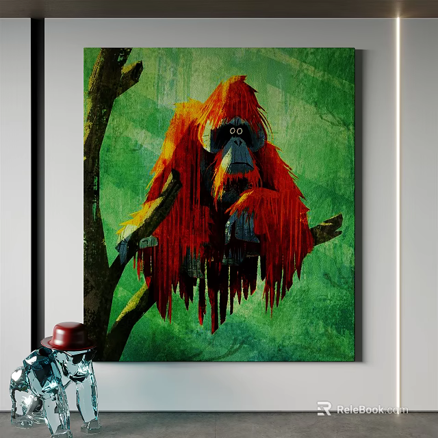 Red Orangutan Canvas Art With Tree Branch And Green Background 3d model 