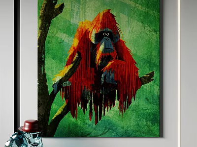 Red Orangutan Canvas Art With Tree Branch And Green Background 3d model