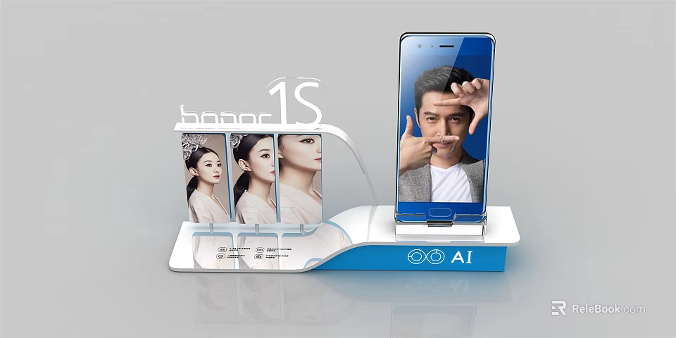Iron Art Mobile Phone Display Stand Featuring White Blue Design Portrait Images and AI Elements 3d model 