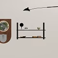 Modern Interior Wall Decor With Round Mirror Wooden Frame And Black Shelves Ornaments