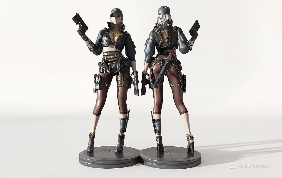 Game Movie Female Character Statue With Combat Gear Holding Guns And Tactical Boots 3d model 