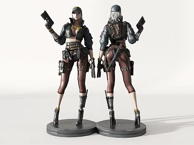 Game Movie Female Character Statue With Combat Gear Holding Guns And Tactical Boots 3d model