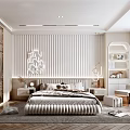 Modern Bedroom Interior Design With Herringbone Wooden Floor Striped Accent Wall And Bedside Shelves