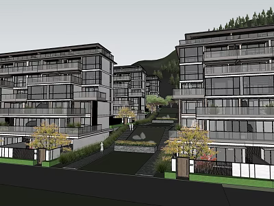 Modern Multi Story Apartment Buildings With Balconies Green Landscape And Mountain Background 3d model