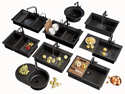 Various Black Kitchen Sinks With Drainers Cutting Boards Faucets And Fresh Fruits 3d model