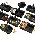 Various Black Kitchen Sinks With Drainers Cutting Boards Faucets And Fresh Fruits
