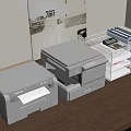 Office Desk Setup With Two Printers Metal Mesh Basket Calculator File Folders And Wall Posters