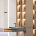 Elegant Modern Bathroom Vanity With Wooden Wall LED Lighting And Glass Door