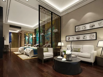 Elegant Modern Hotel Room Interior With Comfortable Bed Sofa And Decorative Paintings 3d model