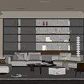 Modern Living Room Interior Design With Sofa Armchair Decorative Shelves And Recessed Lighting