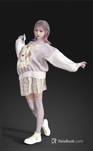 Young Woman Posing In Rabbit Print Sweater With White Sleeves And Plaid Skirt 3d model 