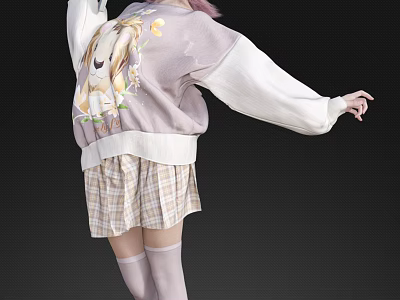 Young Woman Posing In Rabbit Print Sweater With White Sleeves And Plaid Skirt 3d model