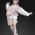 Young Woman Posing In Rabbit Print Sweater With White Sleeves And Plaid Skirt