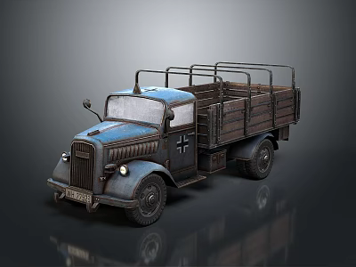 Vintage Blue Truck With Wooden Cargo Bed And Cross Symbol On Body 3d model