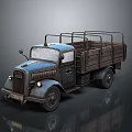 Vintage Blue Truck With Wooden Cargo Bed And Cross Symbol On Body
