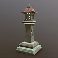 Green Moss Covered Stone Lantern Pillar With Red Roof And Chinese Characters