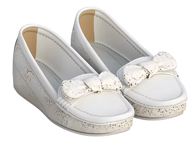Women's White Leather Flat Shoes With Polka Dot Bow And Cork Sole 3d model