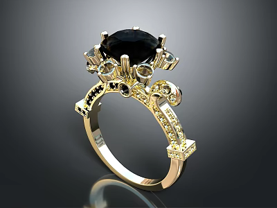 Elegant Gold Ring With Black Gemstone And Diamond Accents Intricate Design 3d model