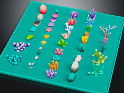 Colorful Marine Creature Models Display On Teal Tray With Various Shapes And Colors 3d model