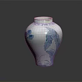 Traditional Blue and White Ceramic Vessel with Floral Bird Motifs and Reflection on Dark Background
