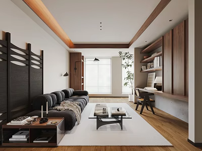 Modern Living Room With Dark Sofa Wooden Coffee Table White Rug Green Plant Wooden Bookshelf 3d model
