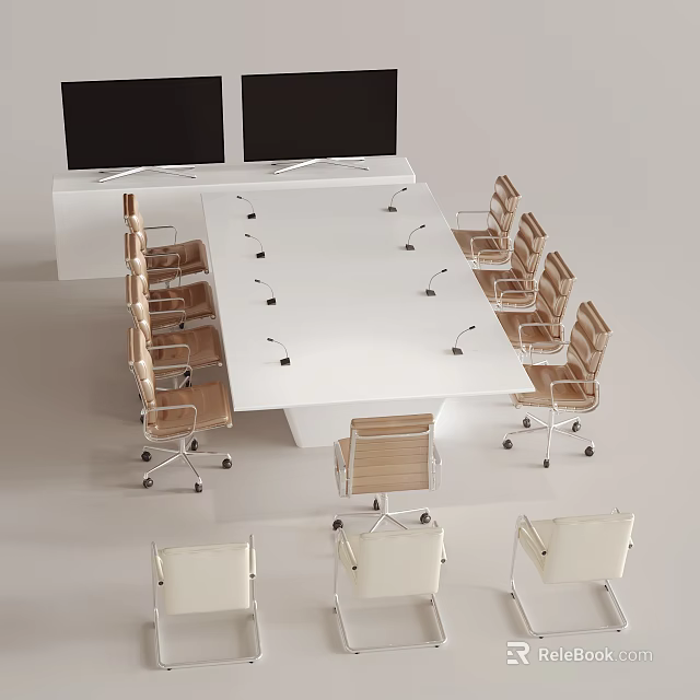 Modern White Conference Table With Wooden Chairs Microphones And Monitors In Meeting Room 3d model 