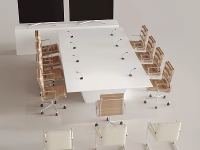 Modern White Conference Table With Wooden Chairs Microphones And Monitors In Meeting Room 3d model
