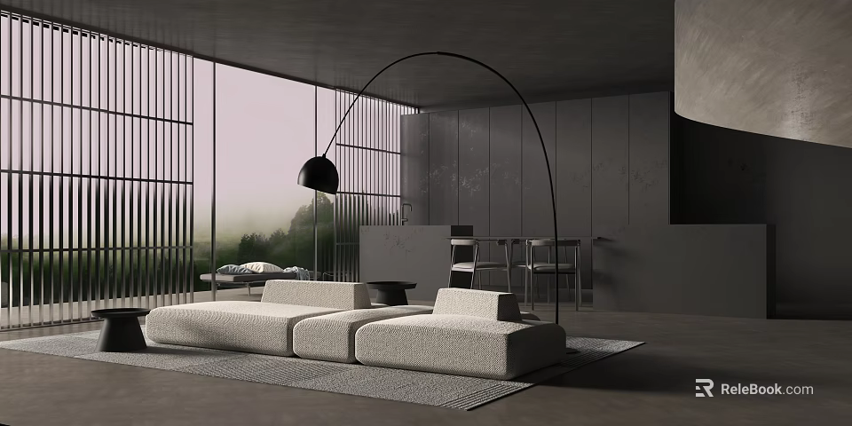 Modern Dining Living Room Interior With Arched Floor Lamp Light Sofa And Large Windows 3d model 