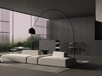 Modern Dining Living Room Interior With Arched Floor Lamp Light Sofa And Large Windows 3d model