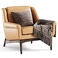 Beige Accent Chair with Plaid Pillow and Fringed Plaid Blanket on Dark Wooden Legs
