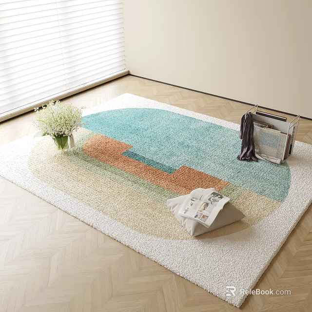 Square Carpet With Geometric Color Pattern On Wooden Floor Featuring Newspapers Vase Magazines And Flowers 3d model 