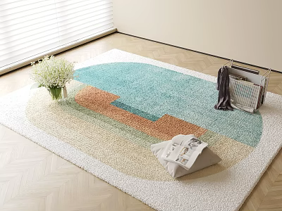 Square Carpet With Geometric Color Pattern On Wooden Floor Featuring Newspapers Vase Magazines And Flowers 3d model