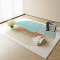 Square Carpet With Geometric Color Pattern On Wooden Floor Featuring Newspapers Vase Magazines And Flowers