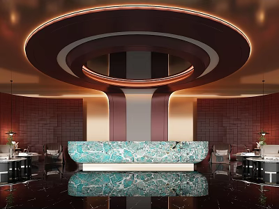 Luxurious Hotel Lobby Interior with Circular Ceiling Light and Marble Reception Desk 3d model