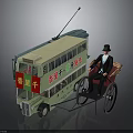Vintage Double Decker Bus And Rickshaw Display With Man In Top Hat Seated On Rickshaw