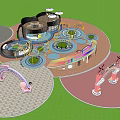 Children's Play Area With Circular Design Colorful Flooring Green Lawn And Decorative Arches