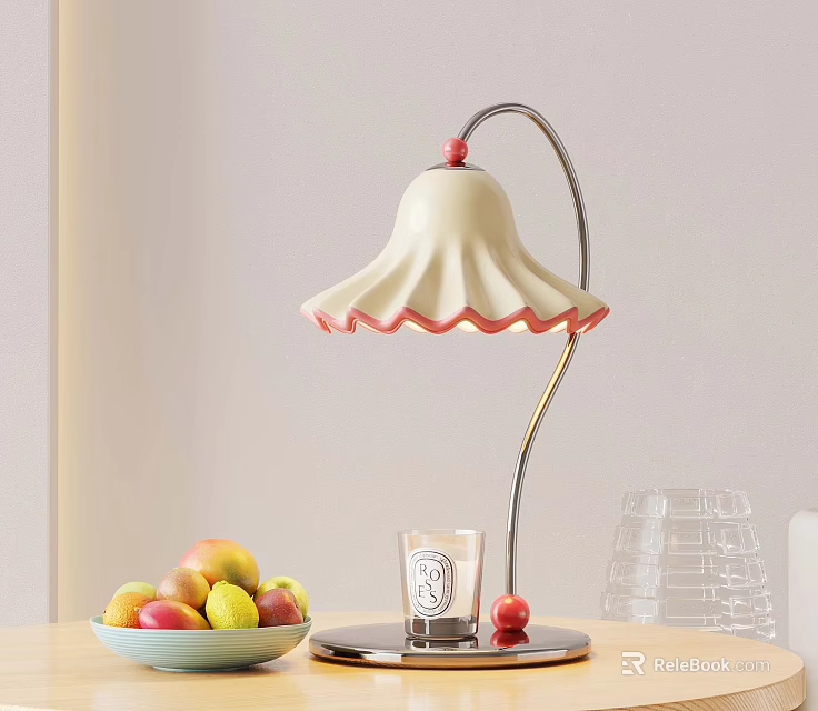 White Bell Table Lamp With Red Trim And Fruit Bowl Initial B Glass On Table 3d model 