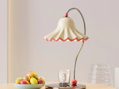 White Bell Table Lamp With Red Trim And Fruit Bowl Initial B Glass On Table 3d model