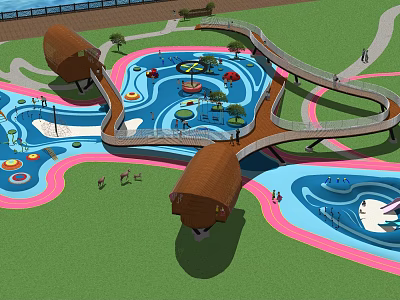 Colorful Children's Playground With Water Channels Wooden Pavilions Winding Walkways And Green Lawns 3d model